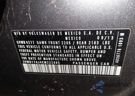 2014 Volkswagen Jetta 1.8T Se z USA, uszkodzony, nr VIN 3VWD17AJ4EM222685